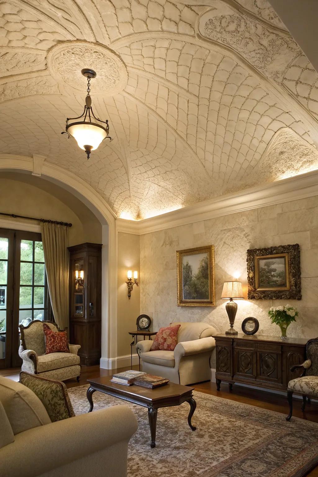 A living space featuring a textured plaster arched ceiling for increased dimension.