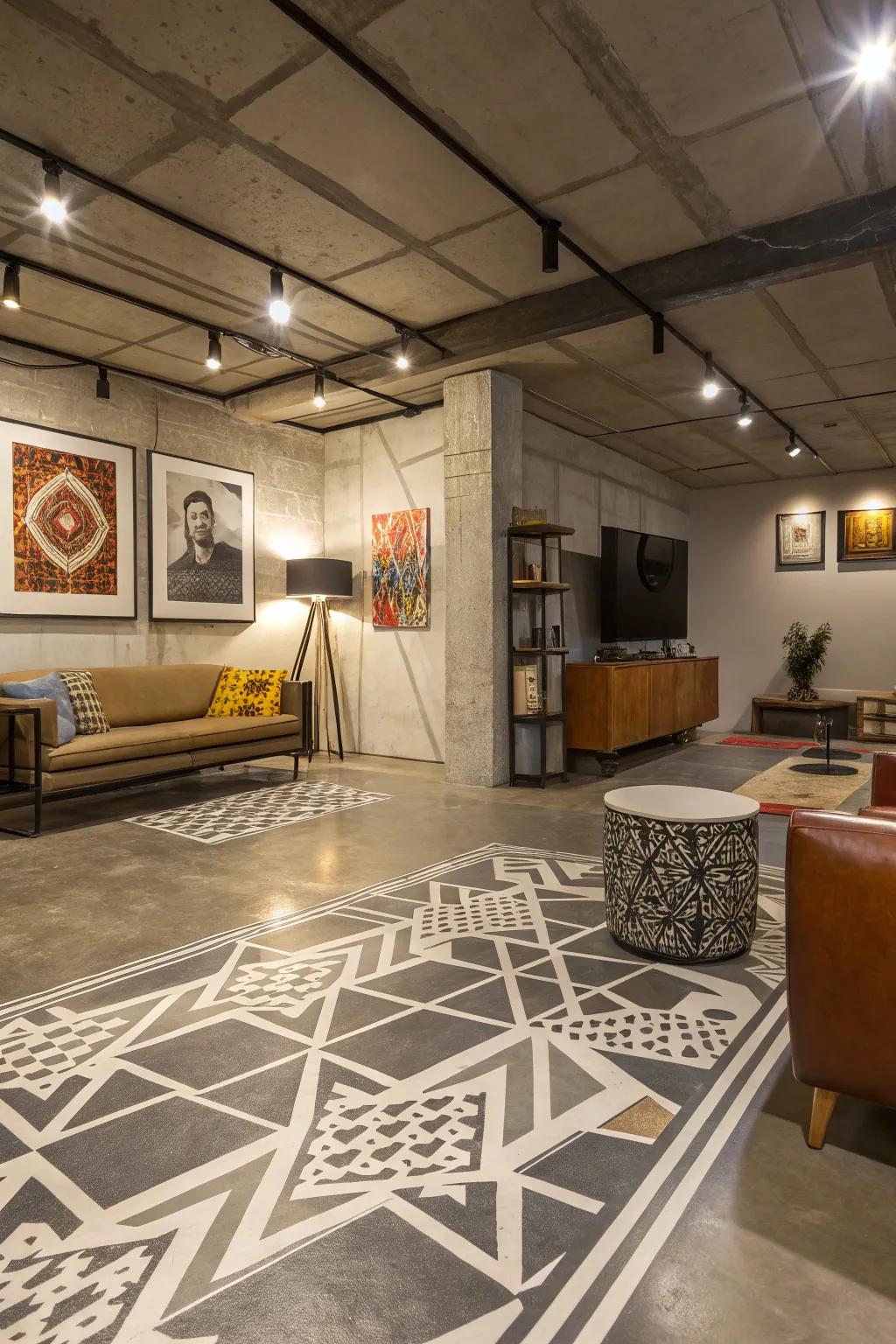 Geometric designs applied to concrete floors inject an artistic flair into modern living spaces.