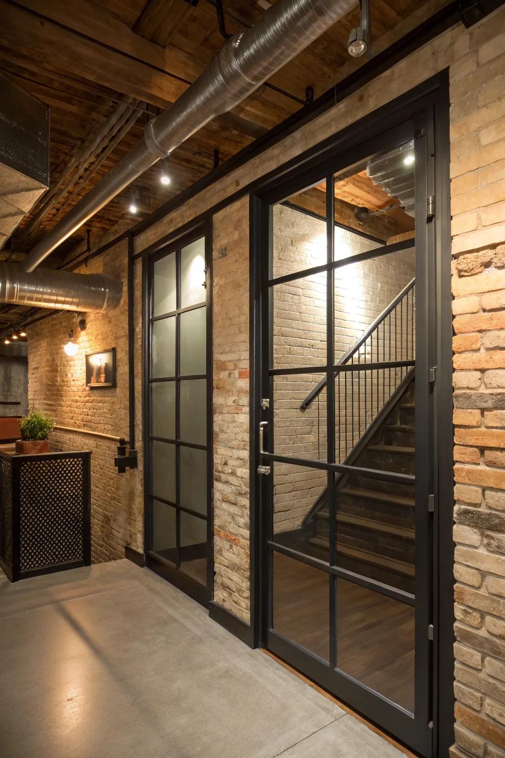 An industrial-style door lends a contemporary edge to the basement entry.