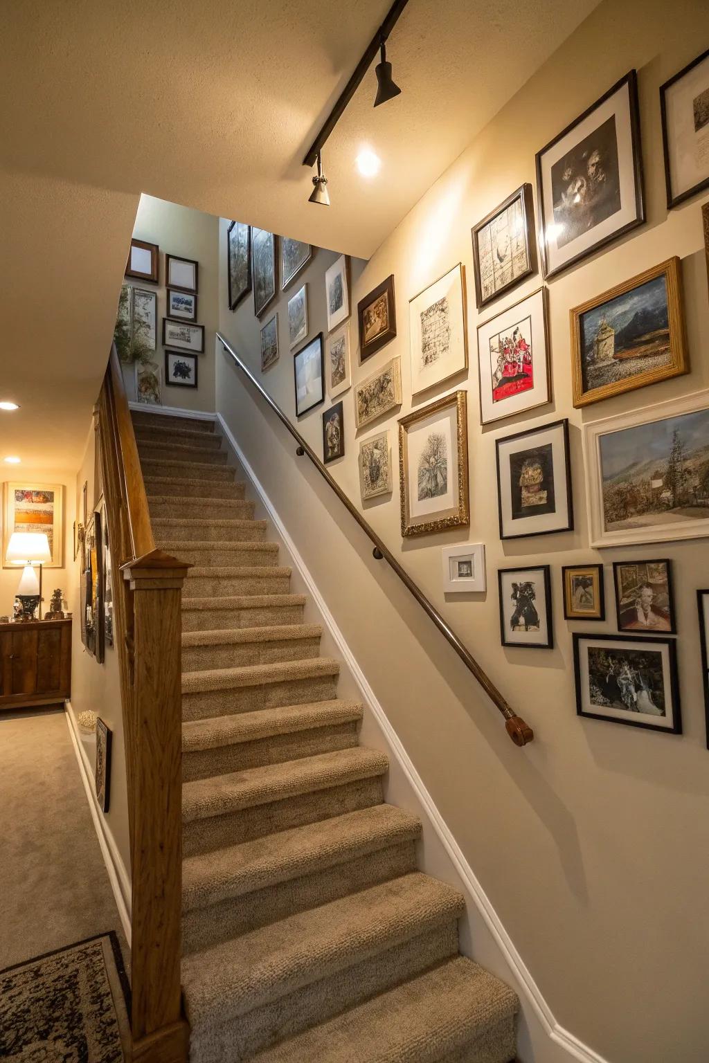 A gallery wall adds character and personal touch to the stairwell.
