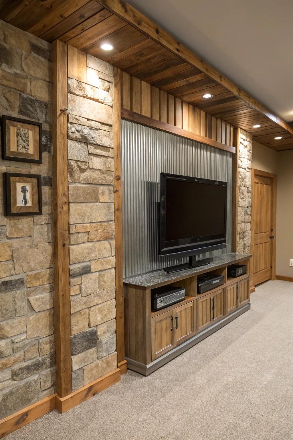 A basement TV wall presenting a fusion of wood, stone, and metal for a varied and stylish appearance.