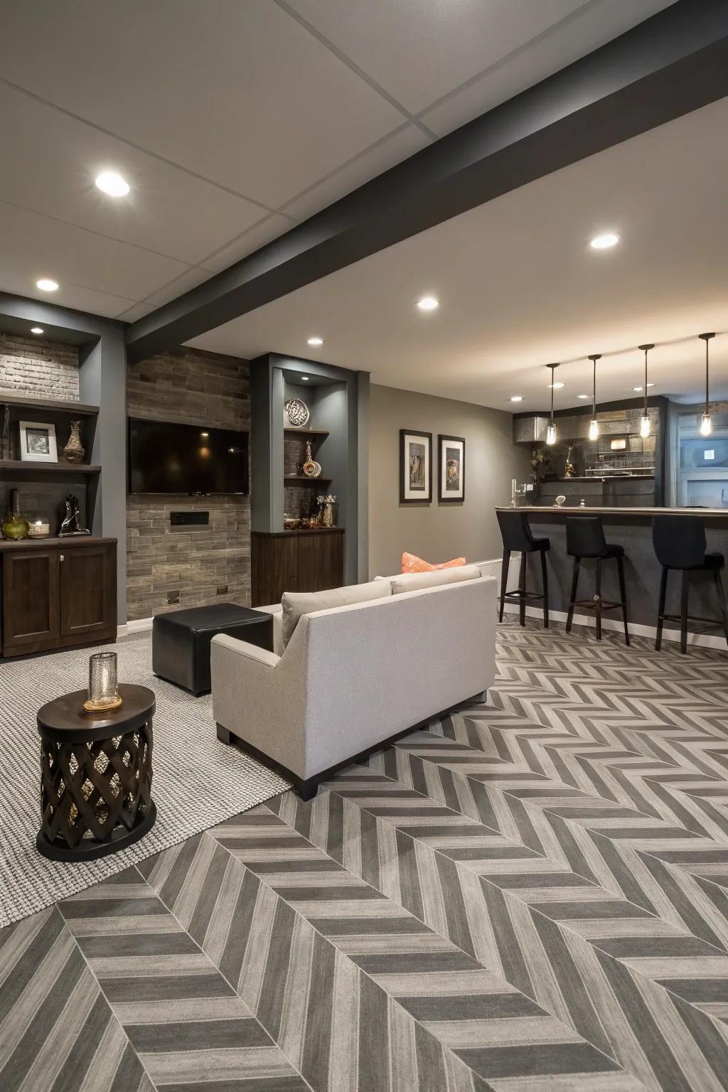 Chevron pattern vinyl flooring introduces a modern spin.