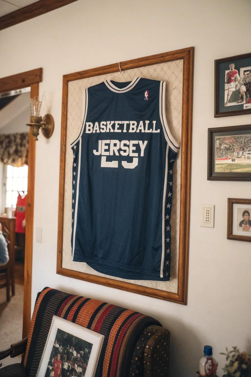 An individualized jersey brings a sense of drive and personal touch to the decor.