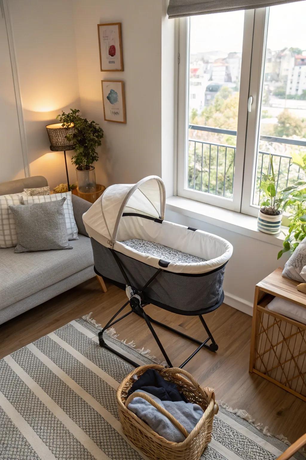Maximize area with a convenient collapsible bassinet.