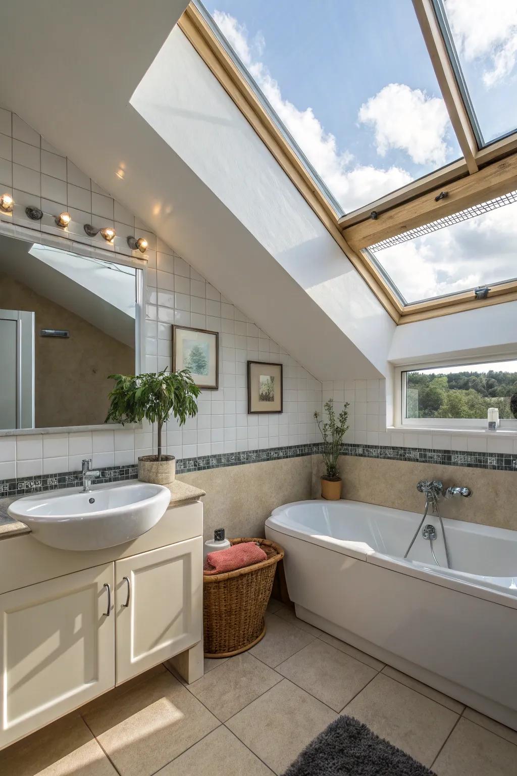 Skylights introduce natural light, crafting an open and invigorating bathroom atmosphere.