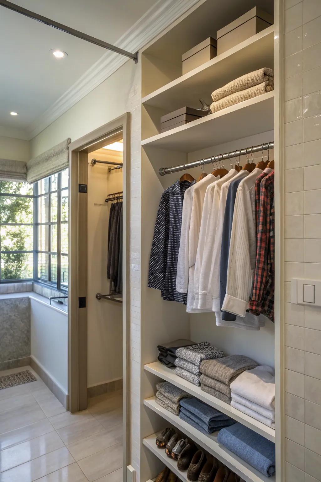 A cleverly placed rod allows clothes to be hung neatly beneath shelves.