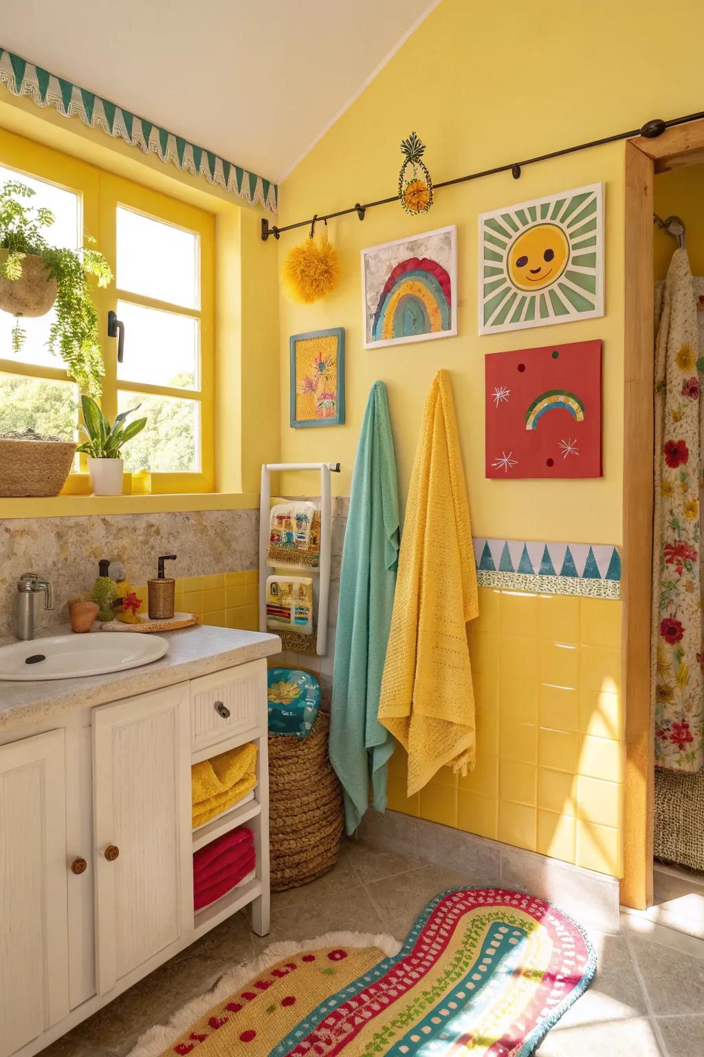 Radiant gold walls bring a cheerful vibe to the bathroom.