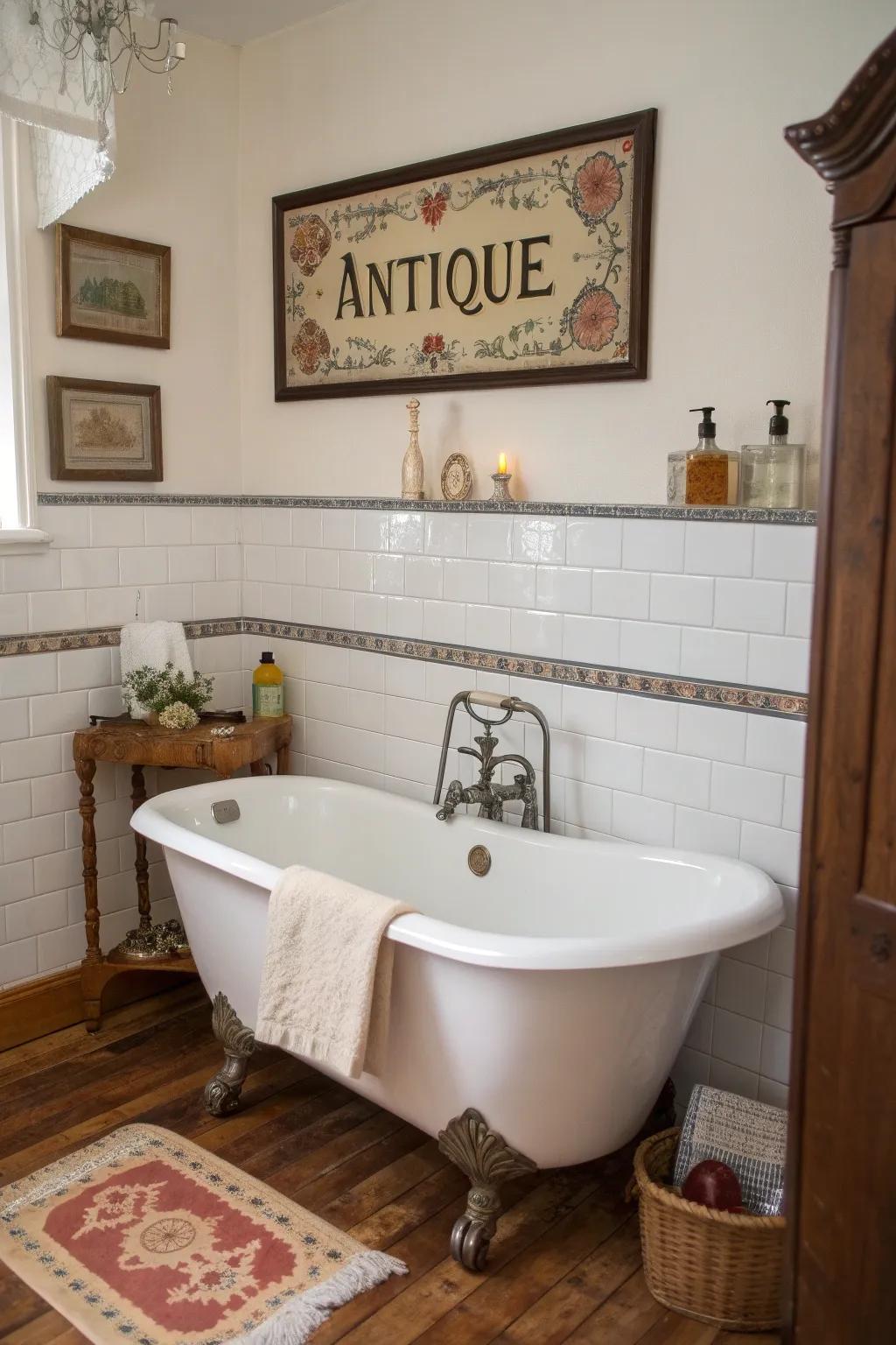 Contribute character through vintage bathroom markers.
