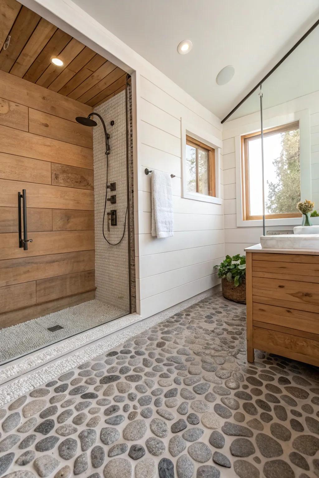 Step into a spa retreat with soothing small stone surfaces.