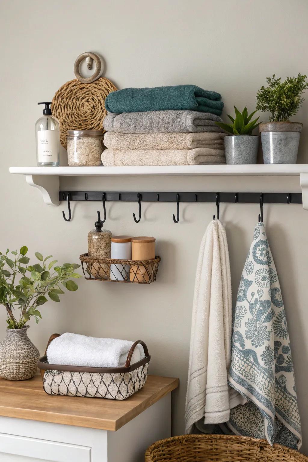 Floating shelves with hangers offer smart storage.