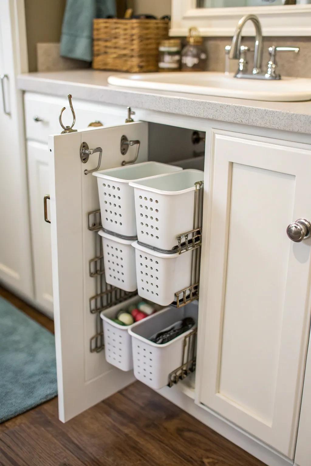 Utilizing door backs for discreet storage.