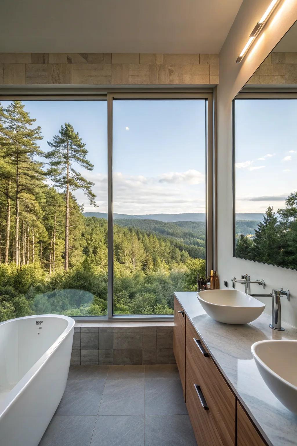 Panoramic windows frame unforgettable views in the bathroom.