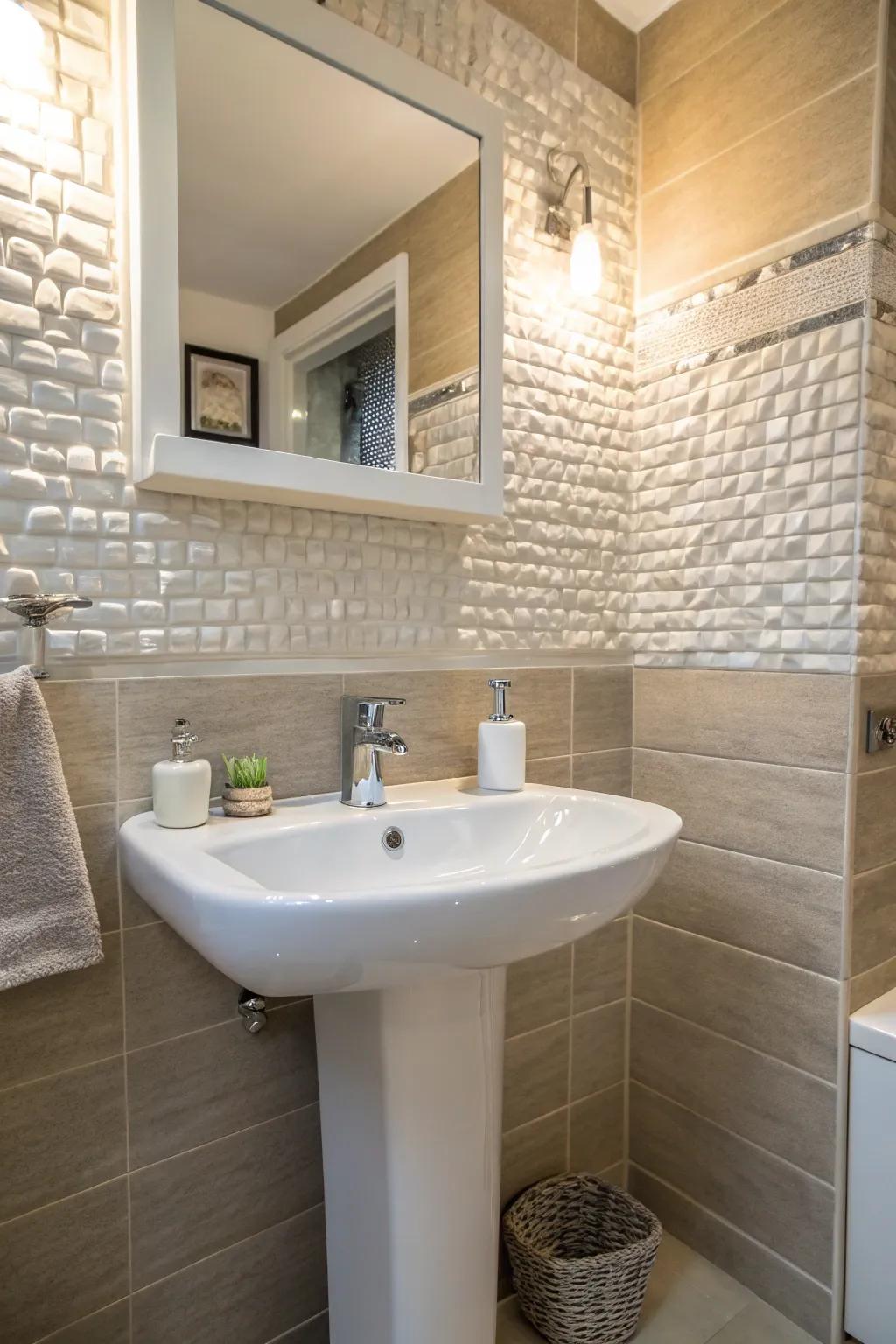 Textured tiles generate depth and visual fascination in the bathroom.