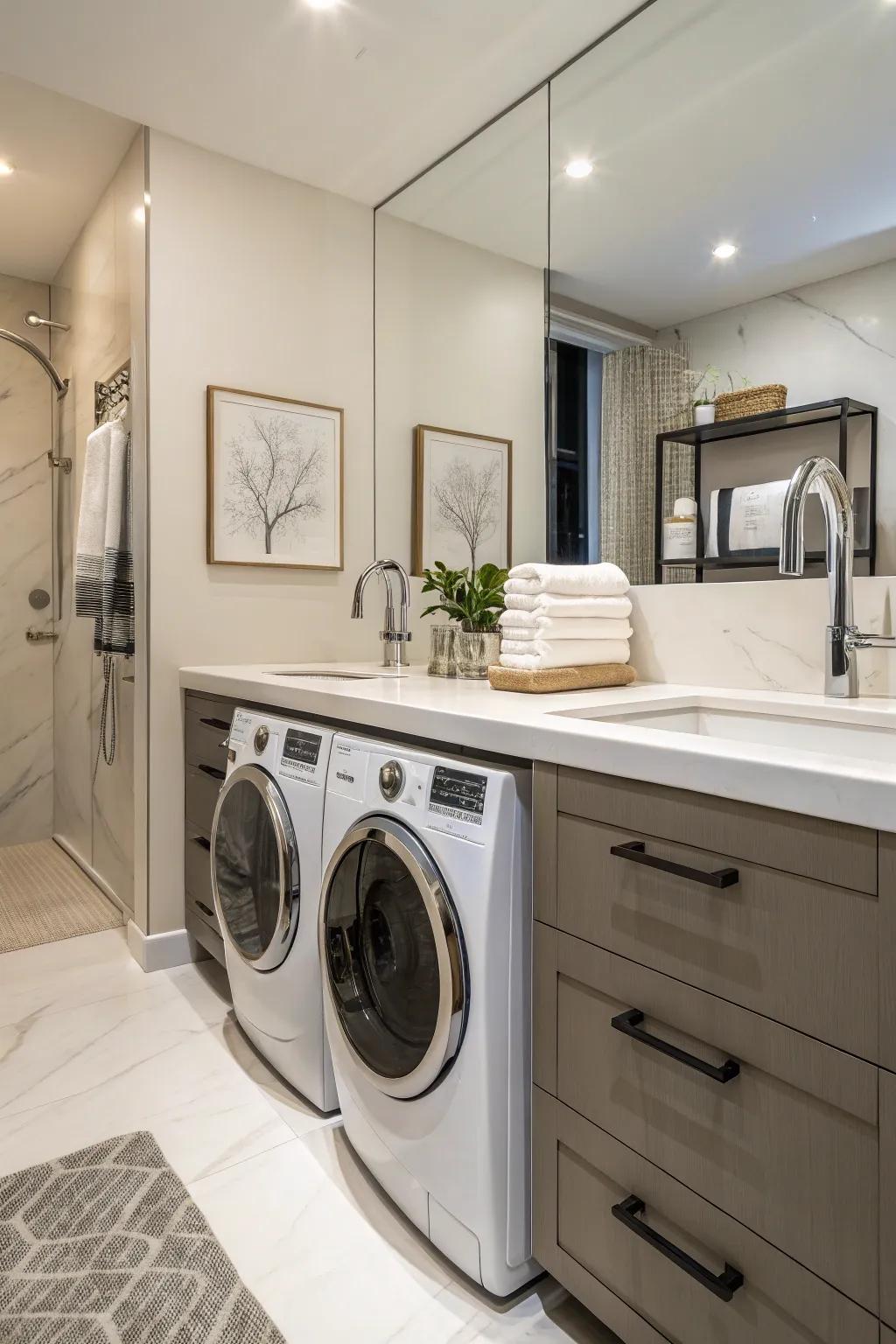 Stylish fixtures bring a touch of elegance to the laundry area.
