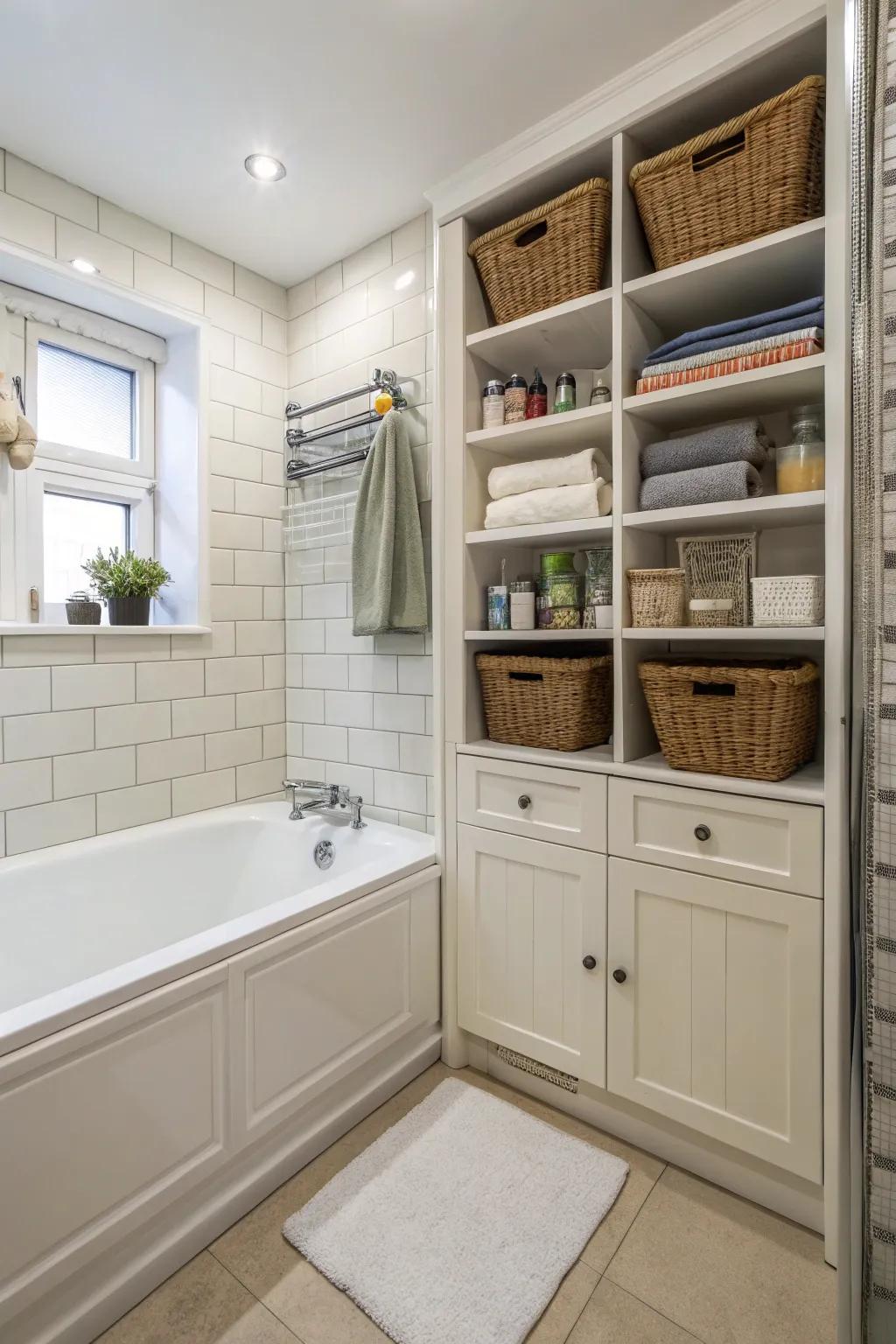 A streamlined layout featuring integrated storage maximizes area surrounding the bathtub.