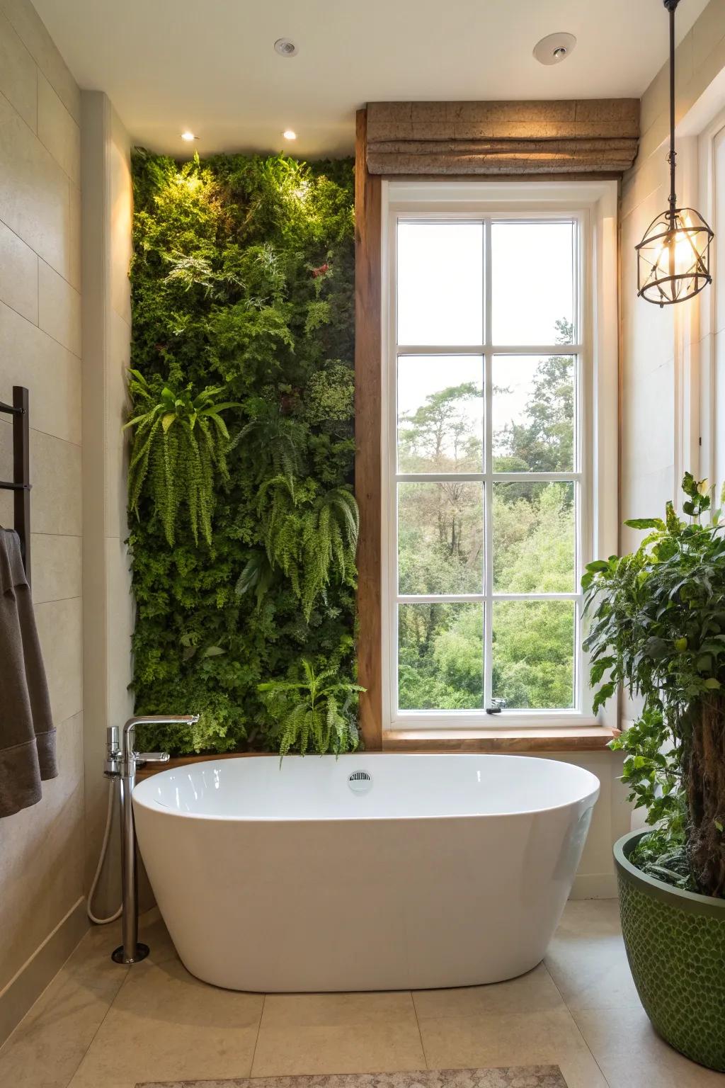 A vertical flora display adds a vibrant touch to the restroom.