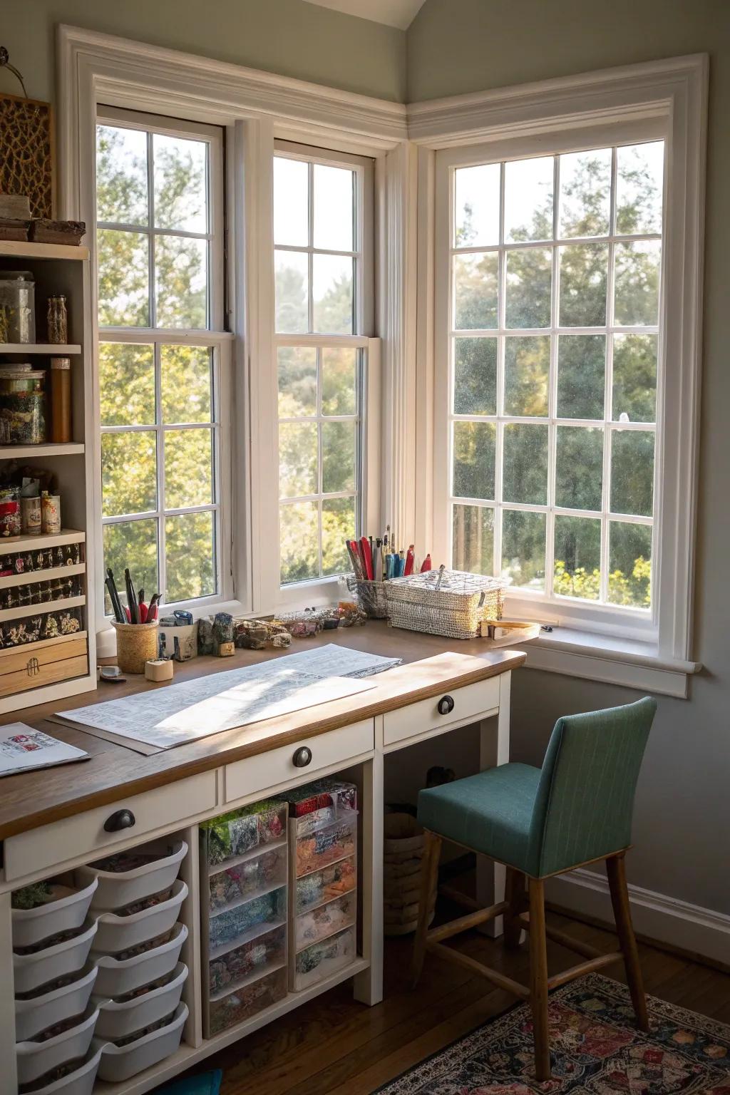 A bay window craft space offers an inspiring area for creativity beneath natural light.
