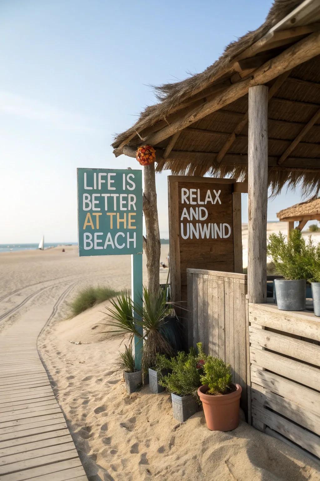 Distressed wood messages add playful personality to the beach outbuilding.