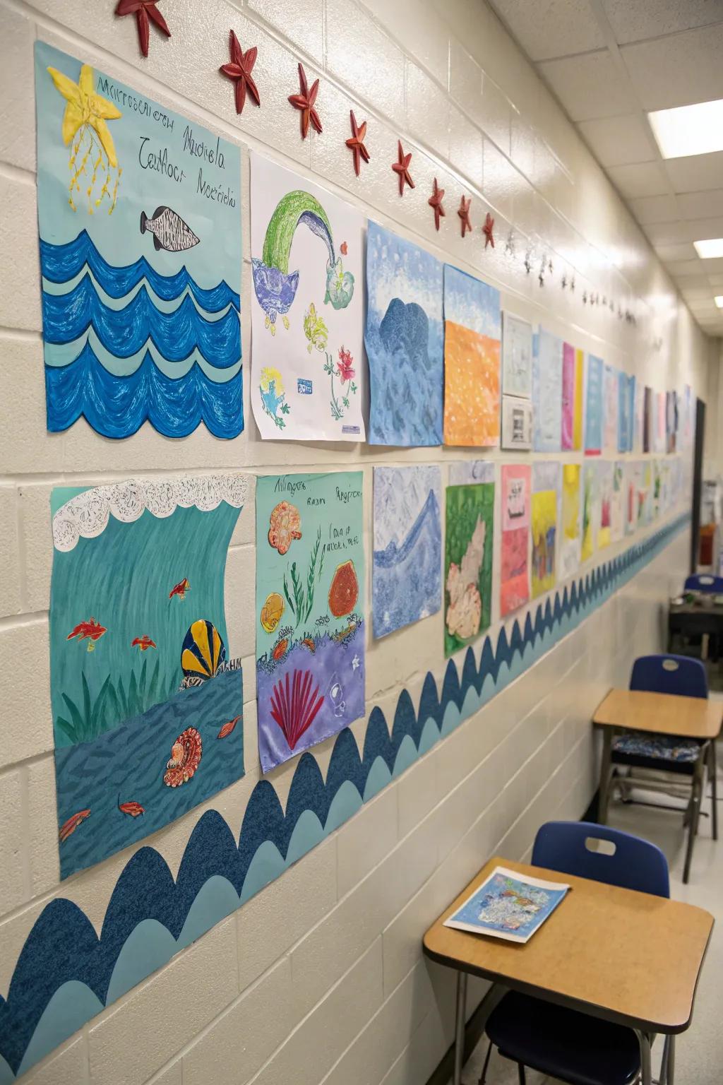 An art wall featuring marine-inspired student creations, adding a personal touch to the classroom.