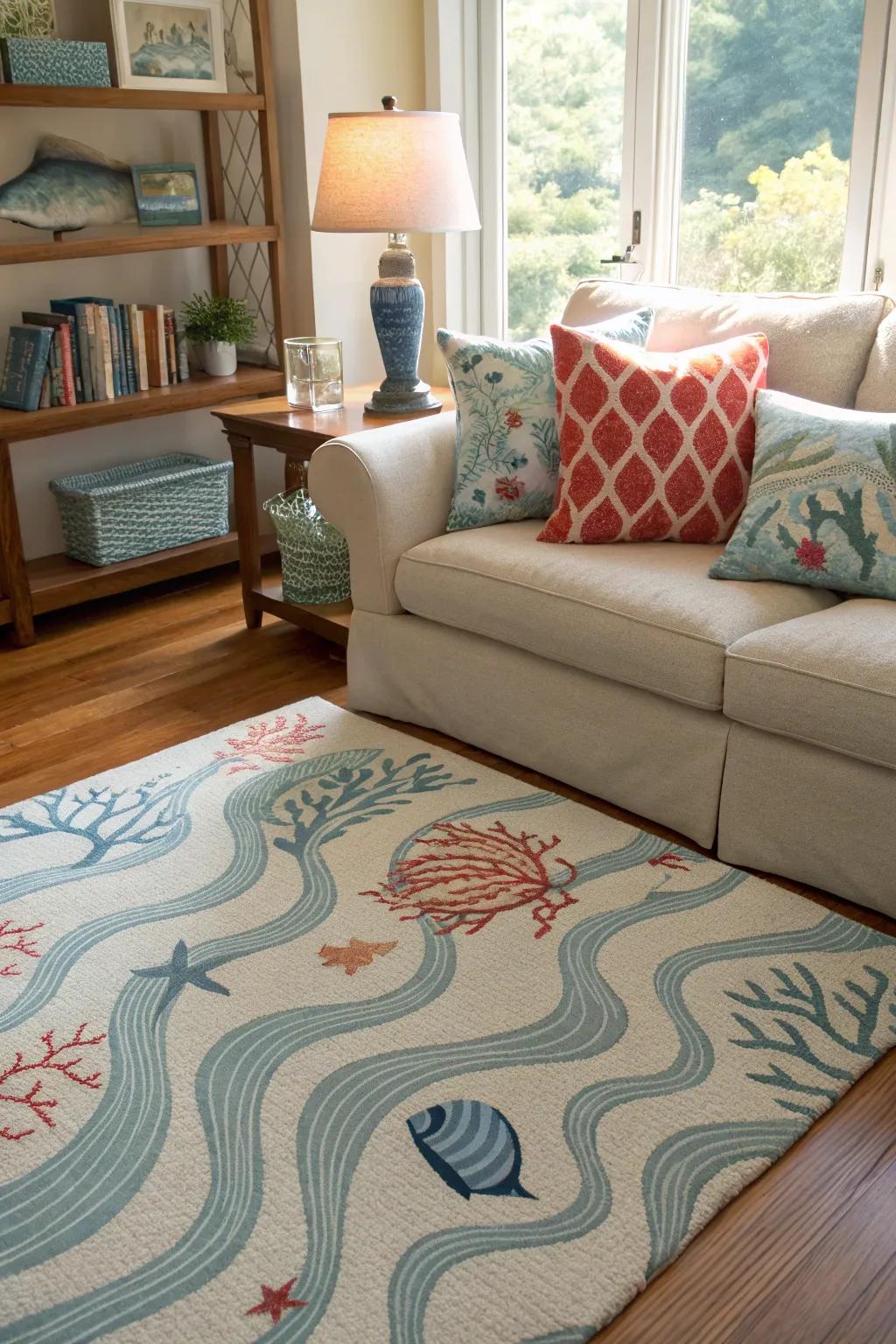 Aquatic motifs impart subtle coastal details.