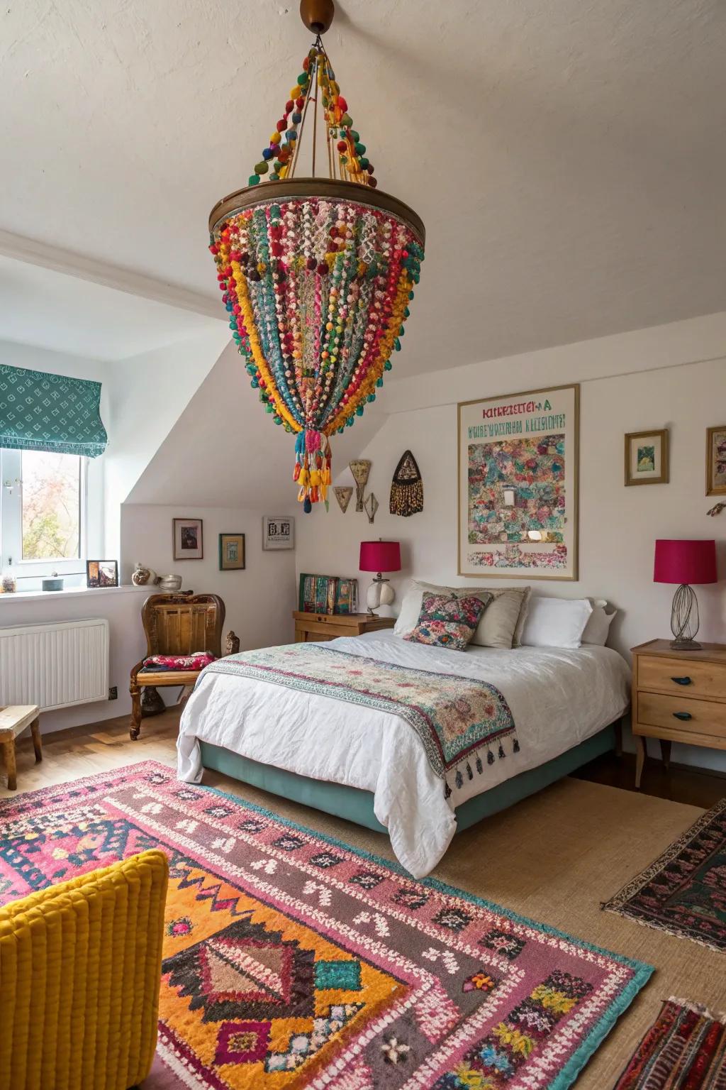Beaded chandeliers enhance bedroom decor with a playful twist.