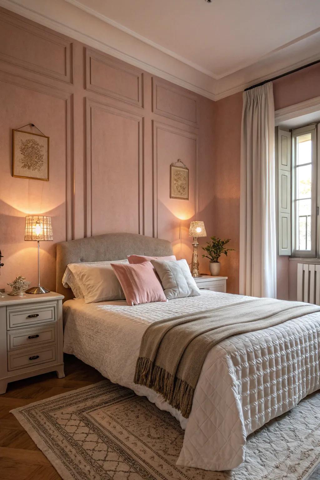 Subtle pinks fashion a calm and nurturing bedroom atmosphere.