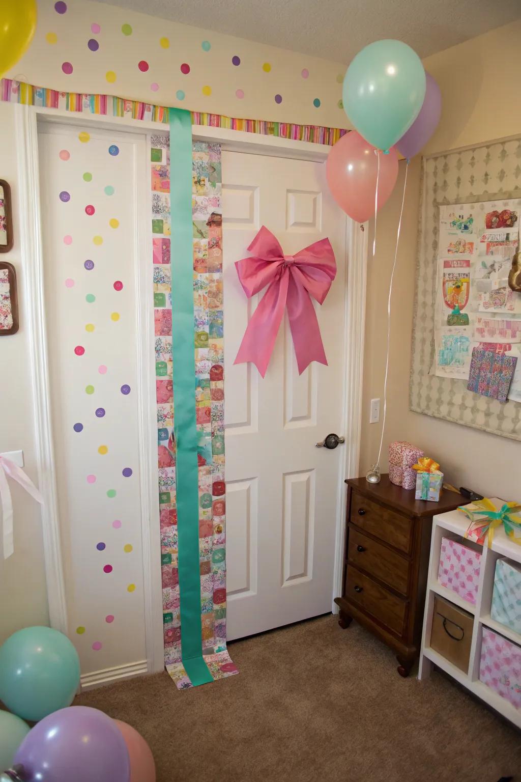 Gift-wrapped look introduces a playful and joyful accent to your bedroom door.