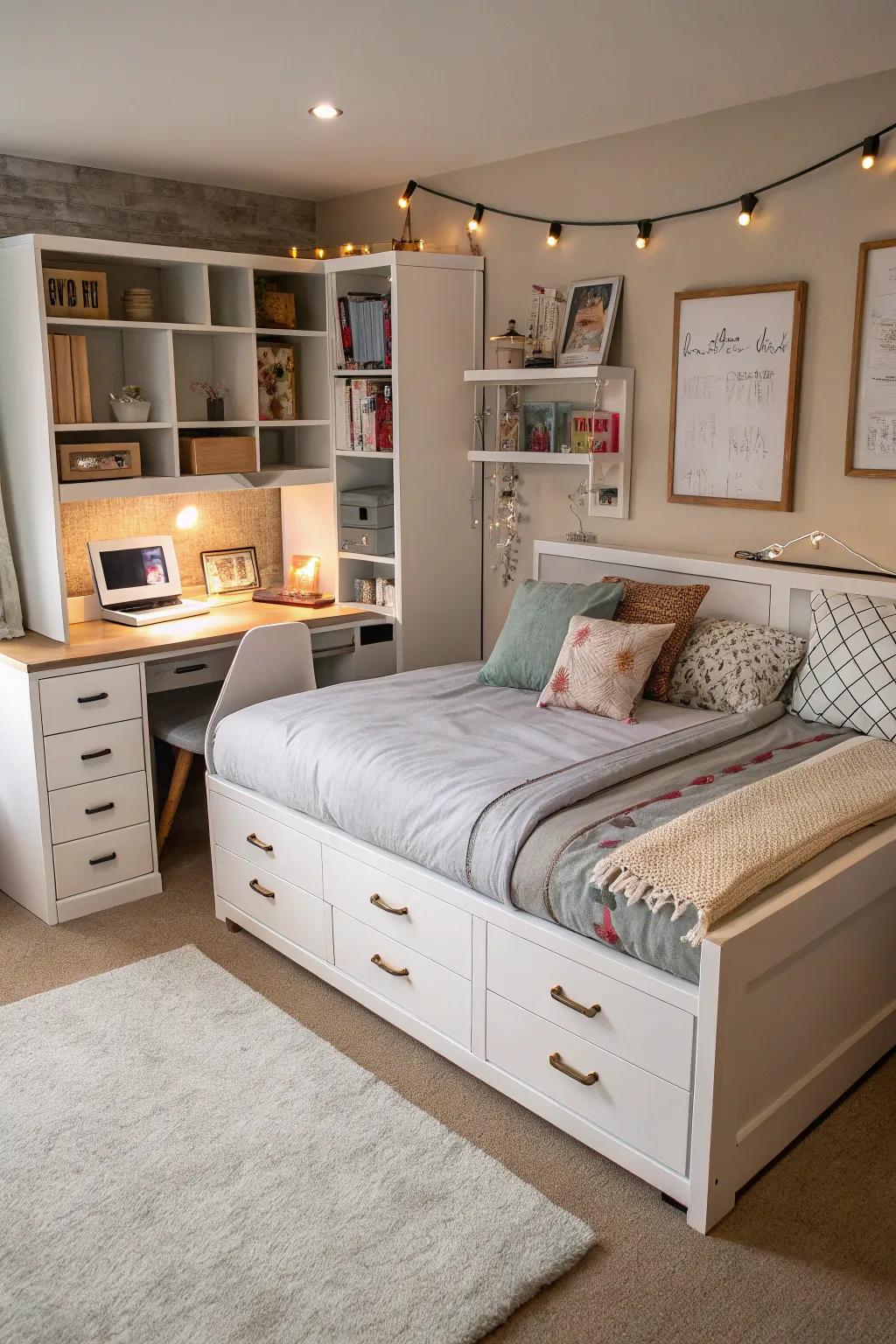 Flexible furnishings maximize space and add style to this modern bedroom.