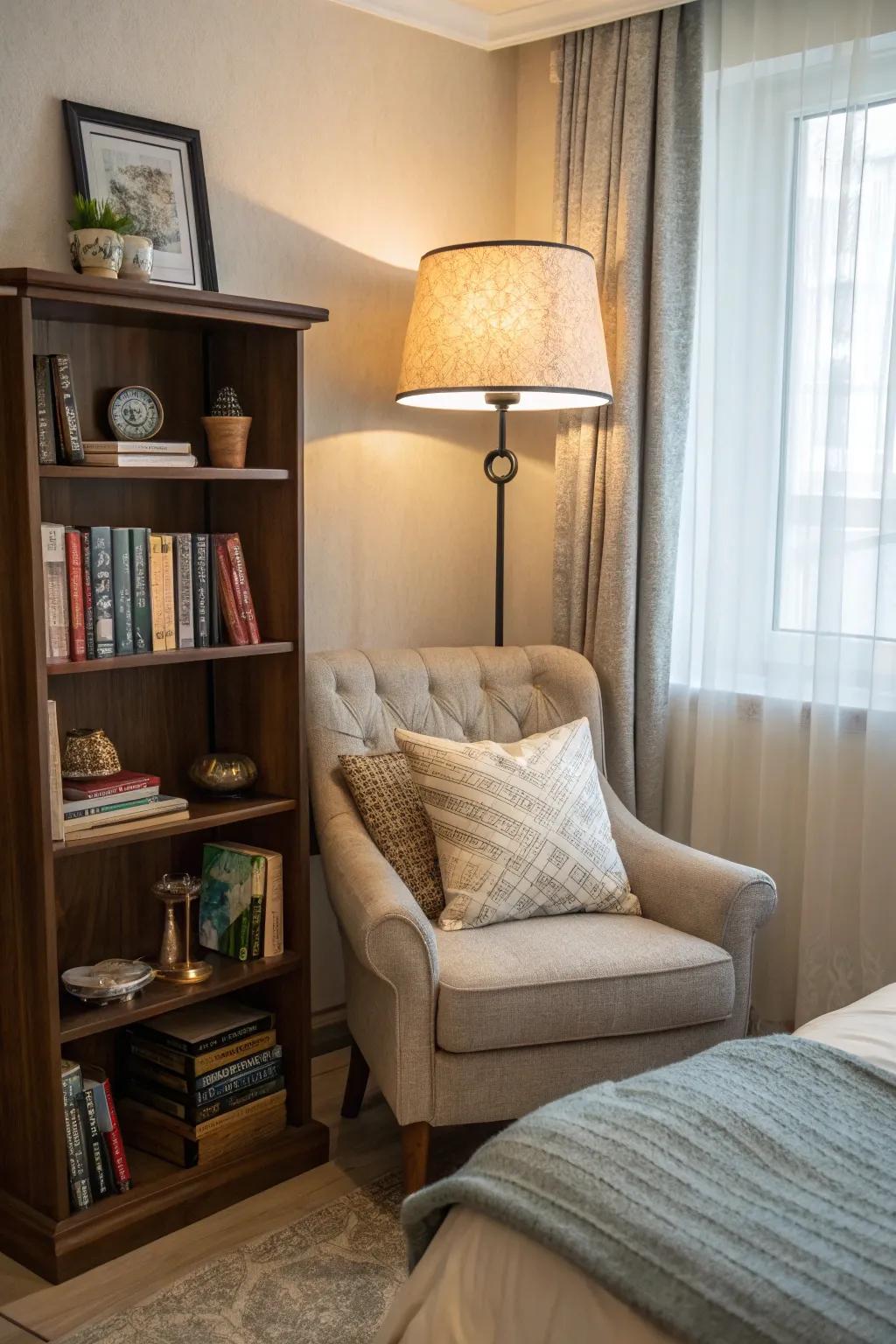 Design a peaceful reading corner for a relaxing hideaway in your bedroom.