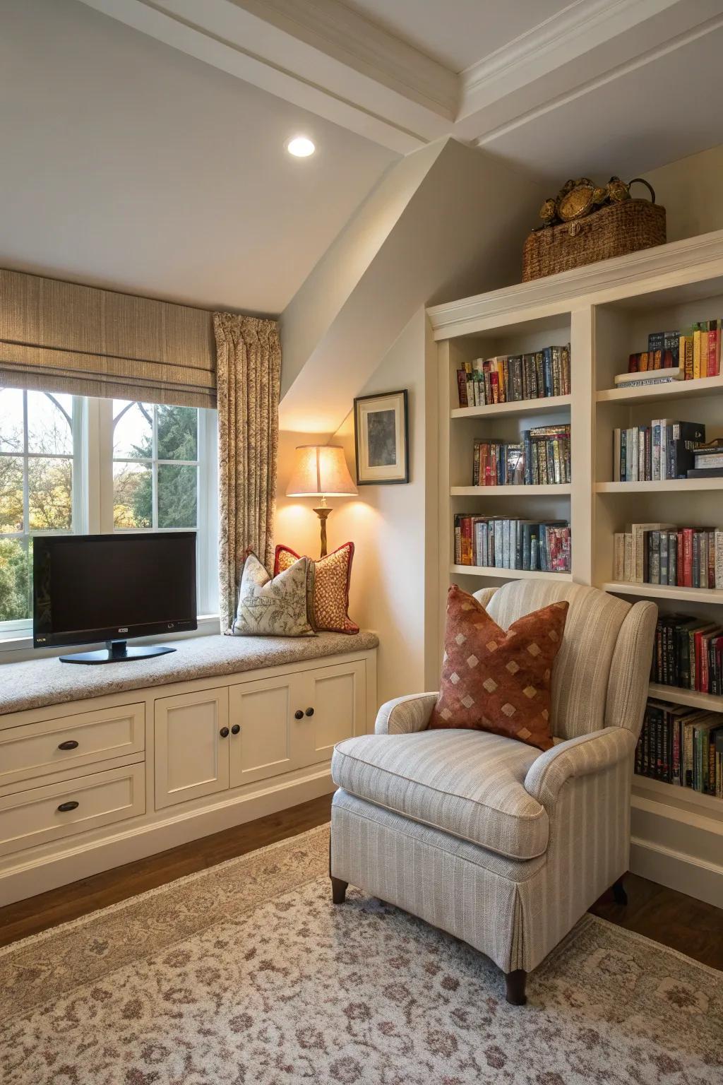 A reading corner adds versatility to your bedroom television area.