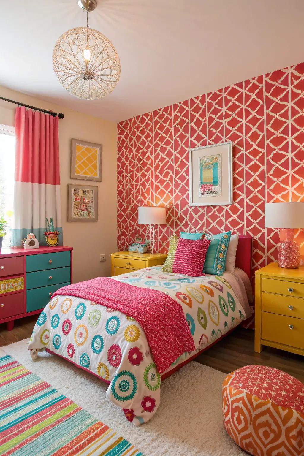 Lively patterns energize the room's atmosphere.