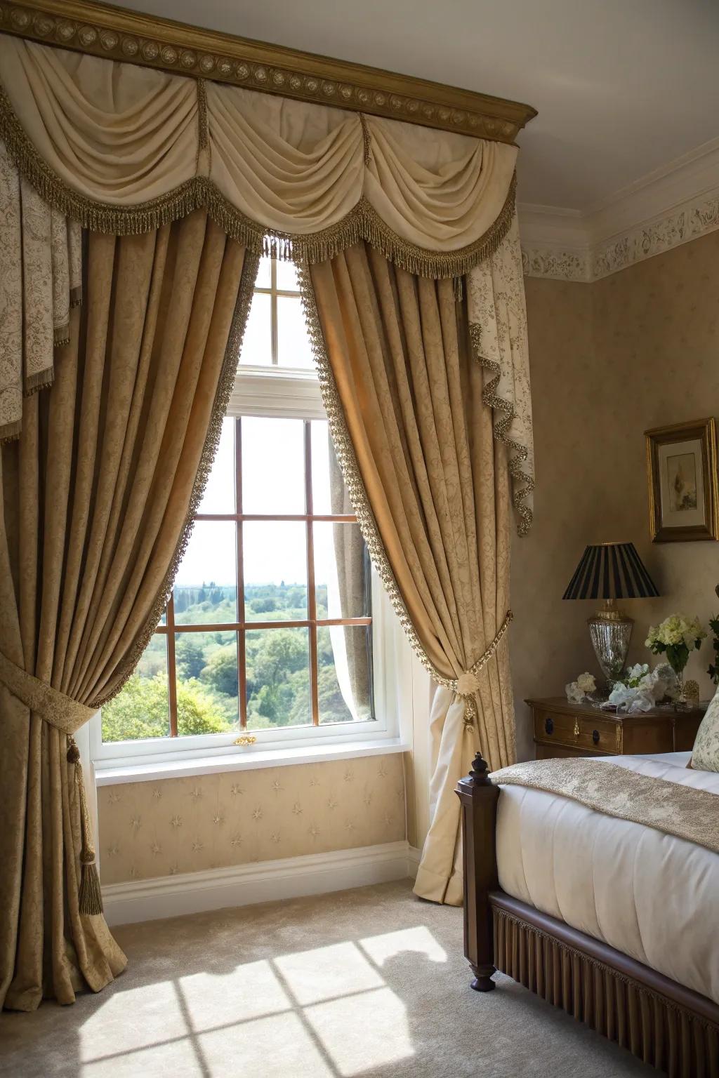 Curtains paired with valances evoke a classic and polished aesthetic.