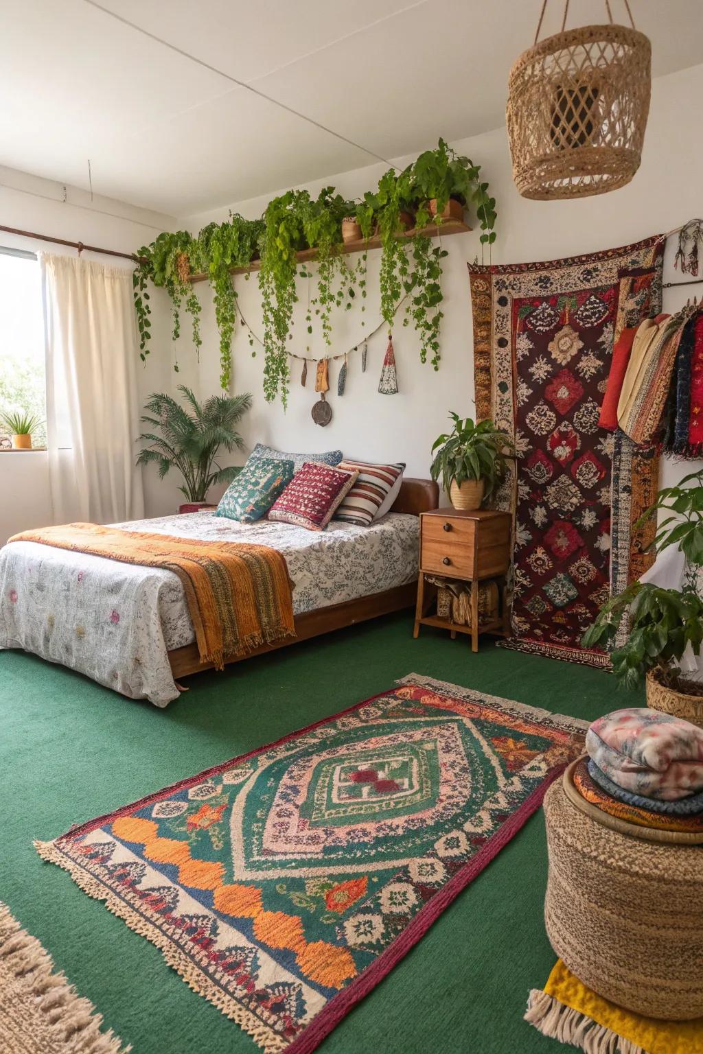 Layered rugs create a bohemian atmosphere, adding texture and color to the verdant floor covering.