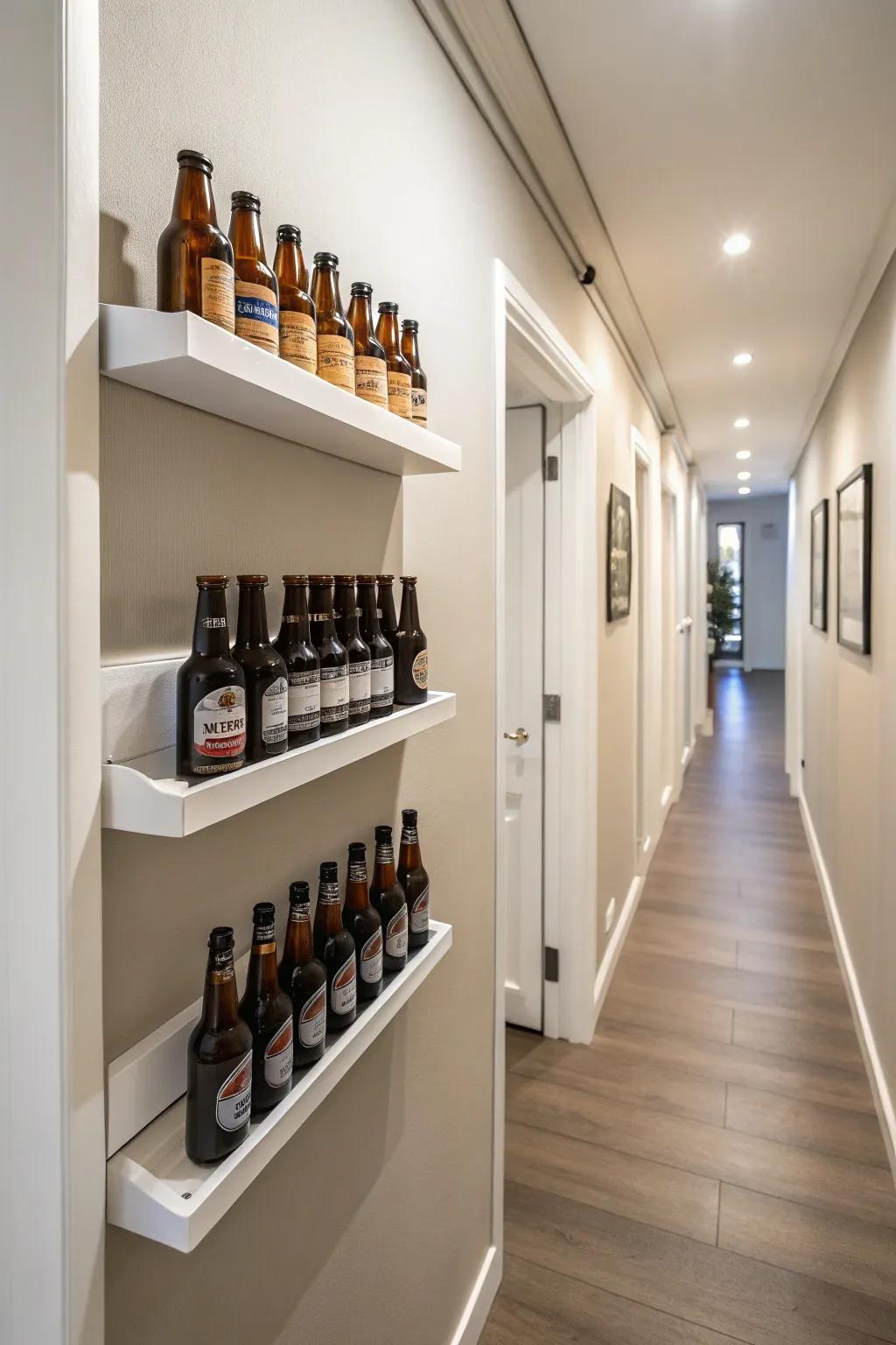 Minimalist suspended ledges with brew bottles in a passageway setting.