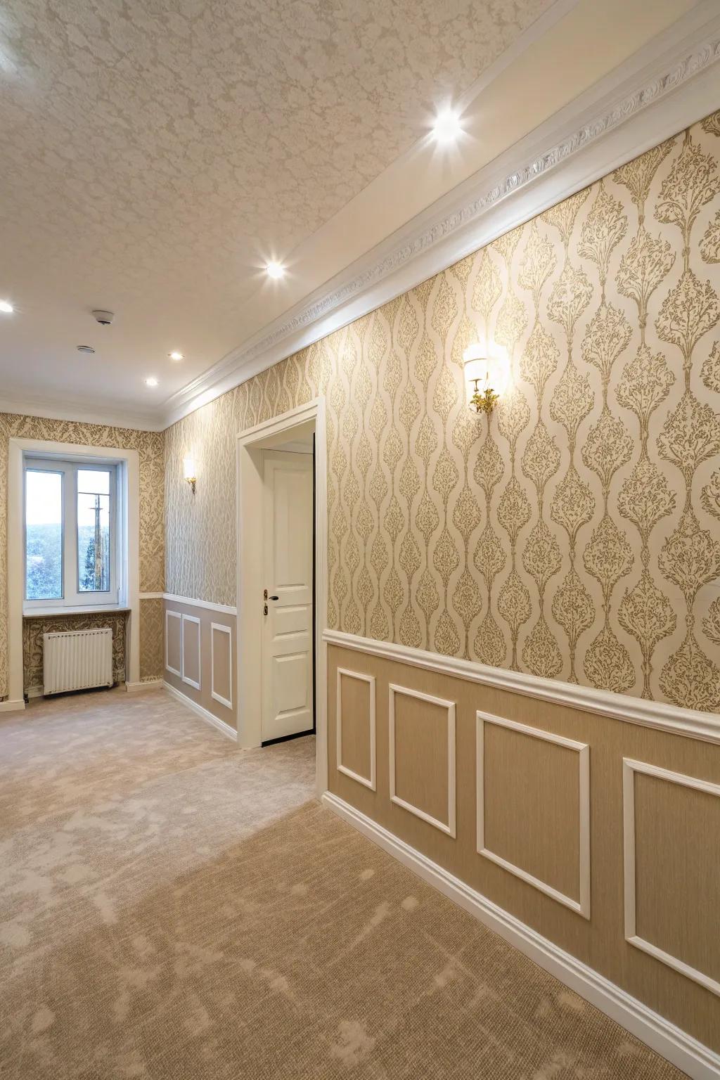 Patterned wall coverings in beige gradients elevate the room's elegance.