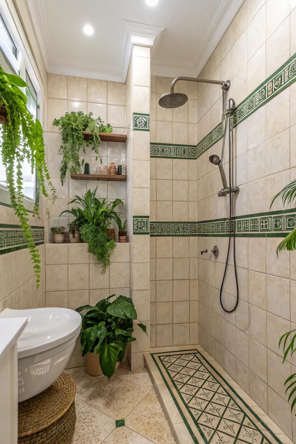 Green accents amplify the natural appeal of neutral squares.