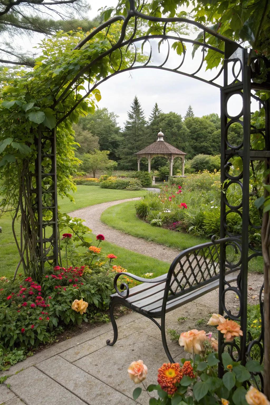 An arbor bench defines a charming, distinct garden space.