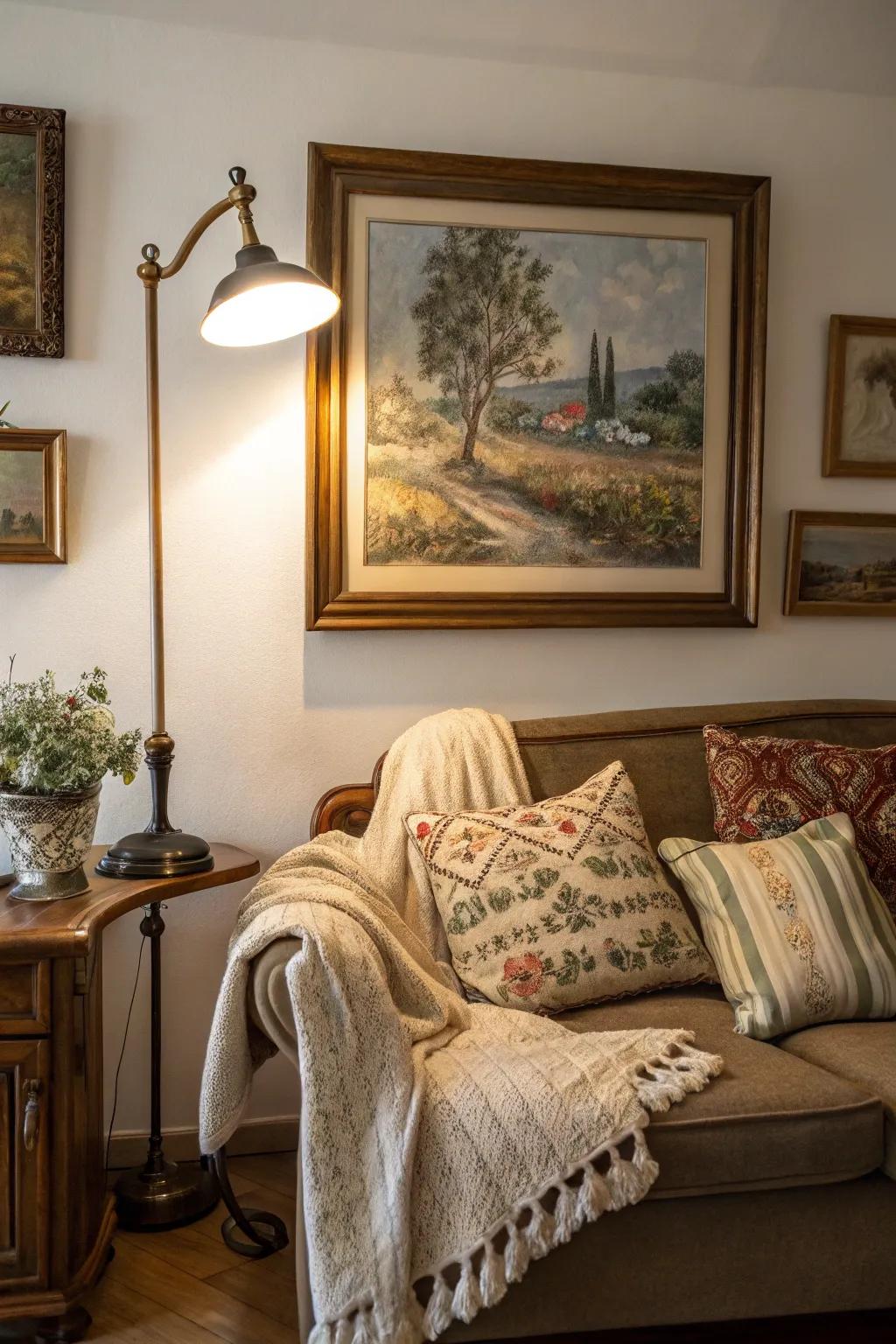 Picture light casting a soft glow over a framed painting