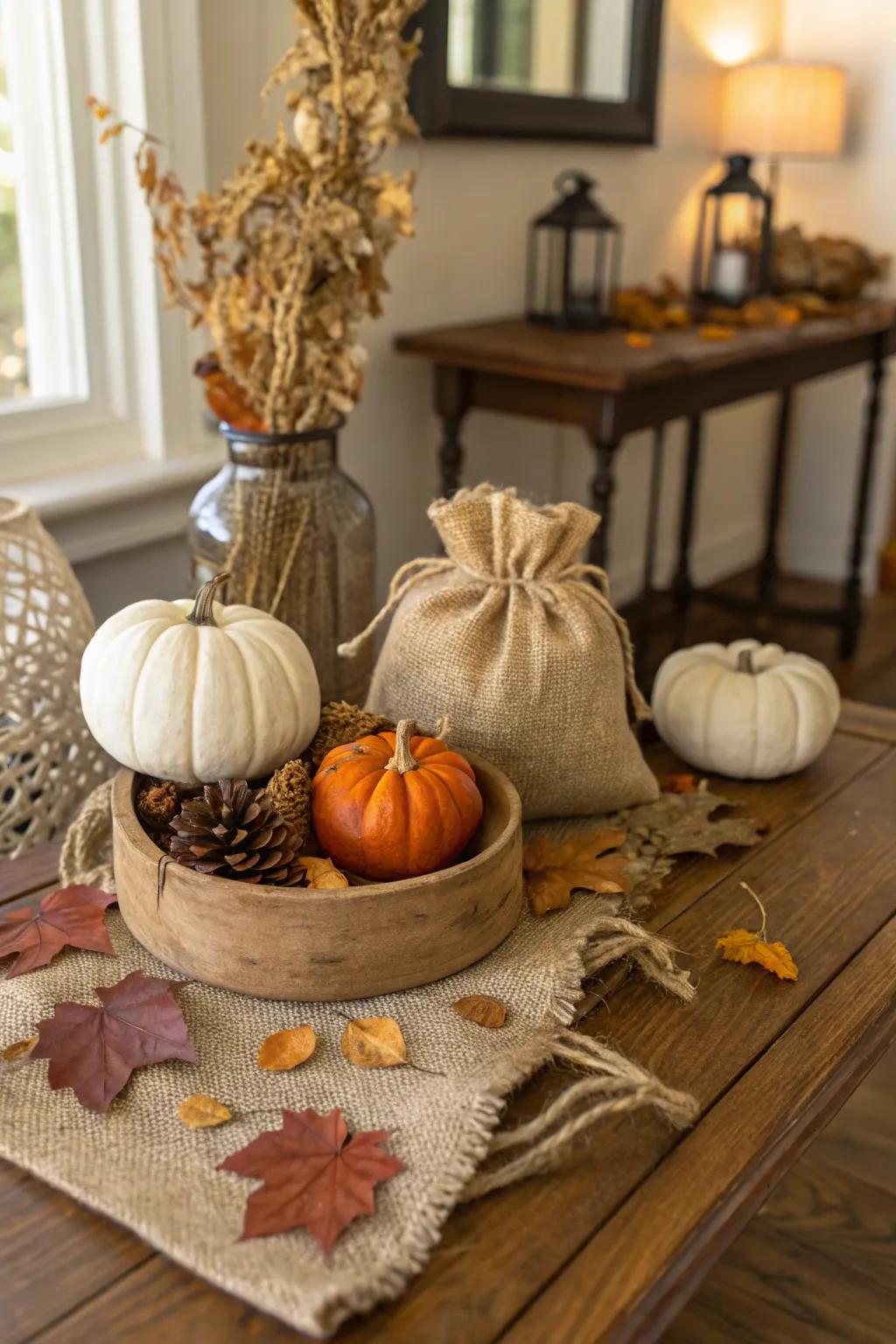 Embrace rustic elegance using organic materials in your fall decorations.