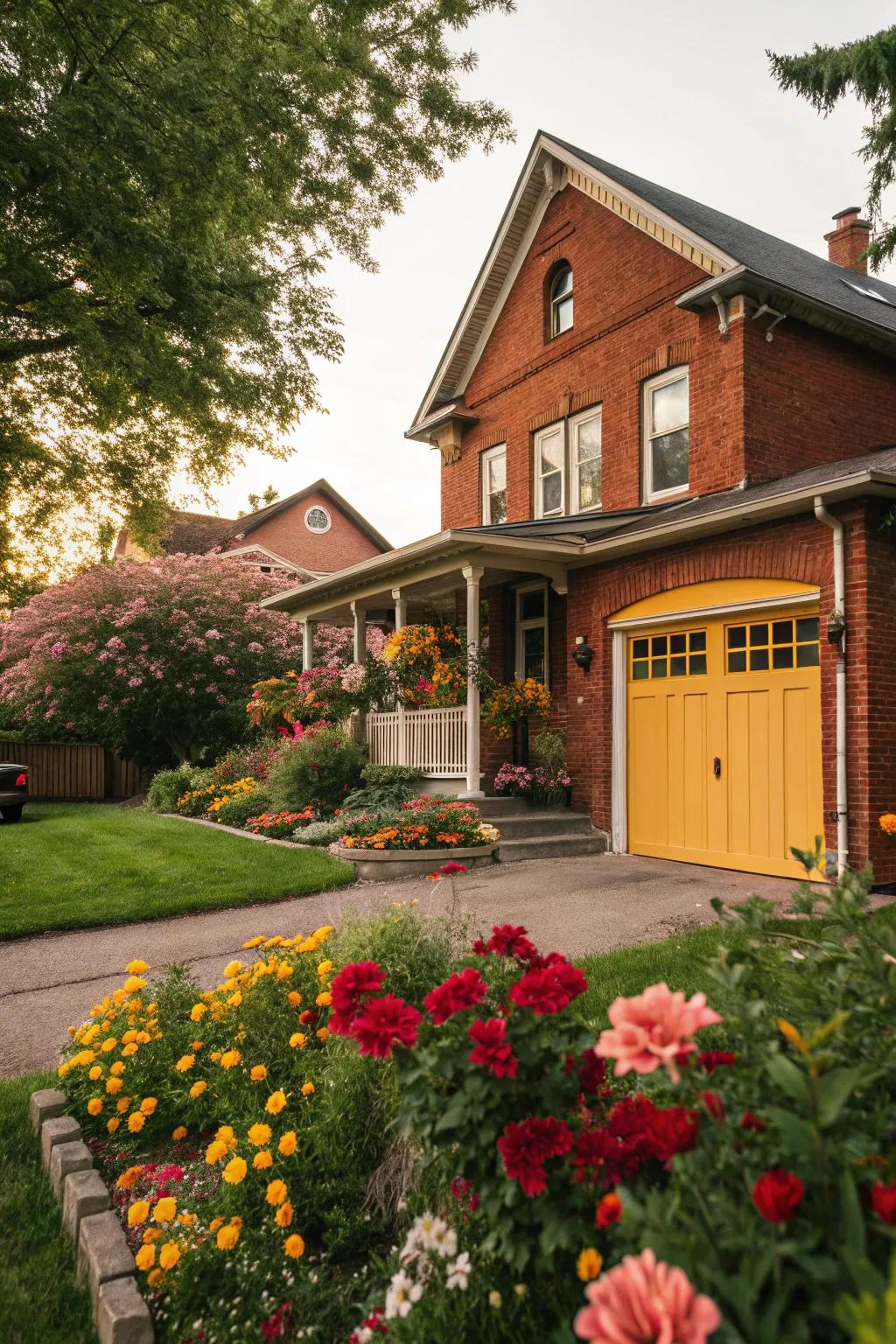 A gold garage door adds a cheerful splash of radiance to red brick.