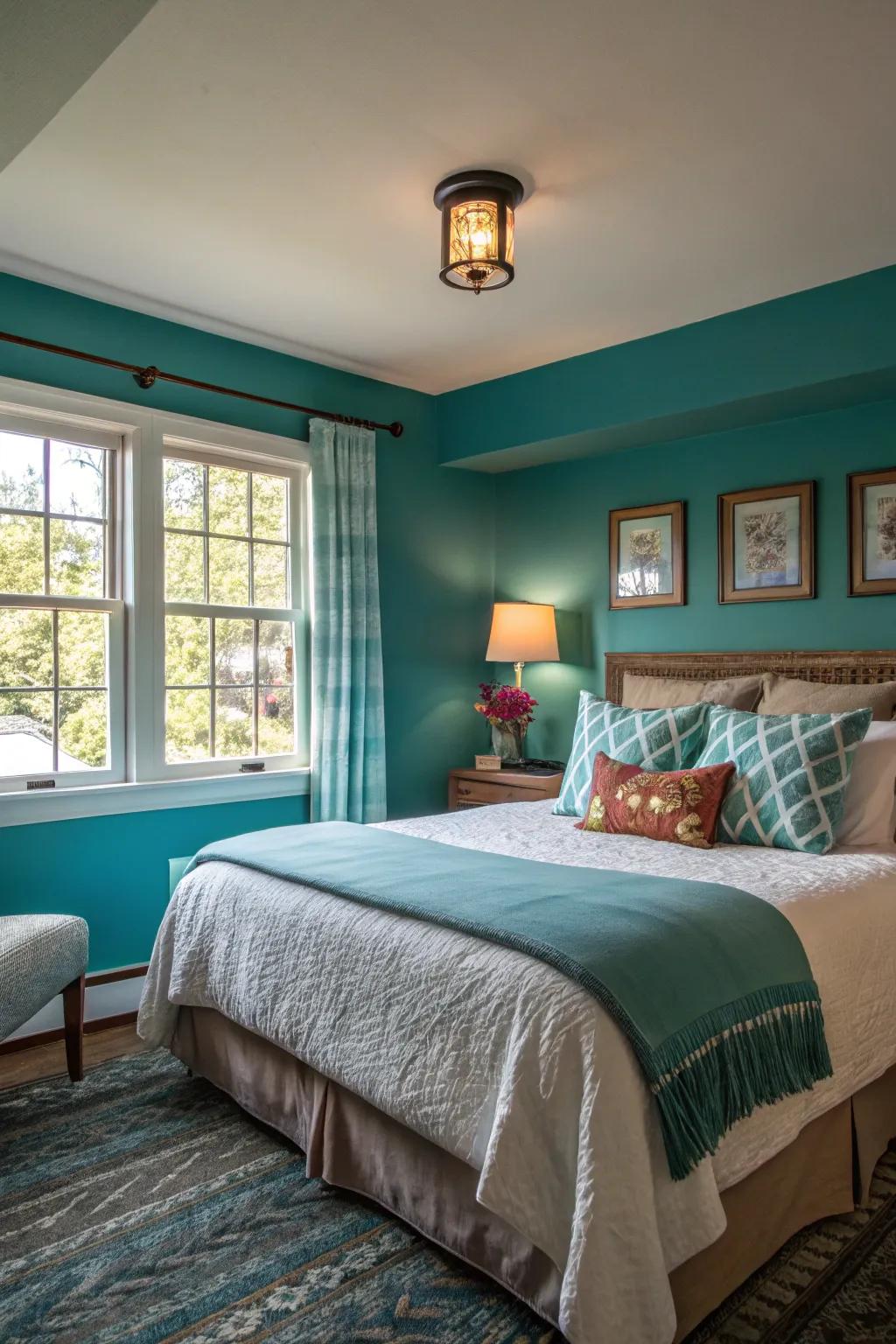 A tranquil guest room with deep teal walls.