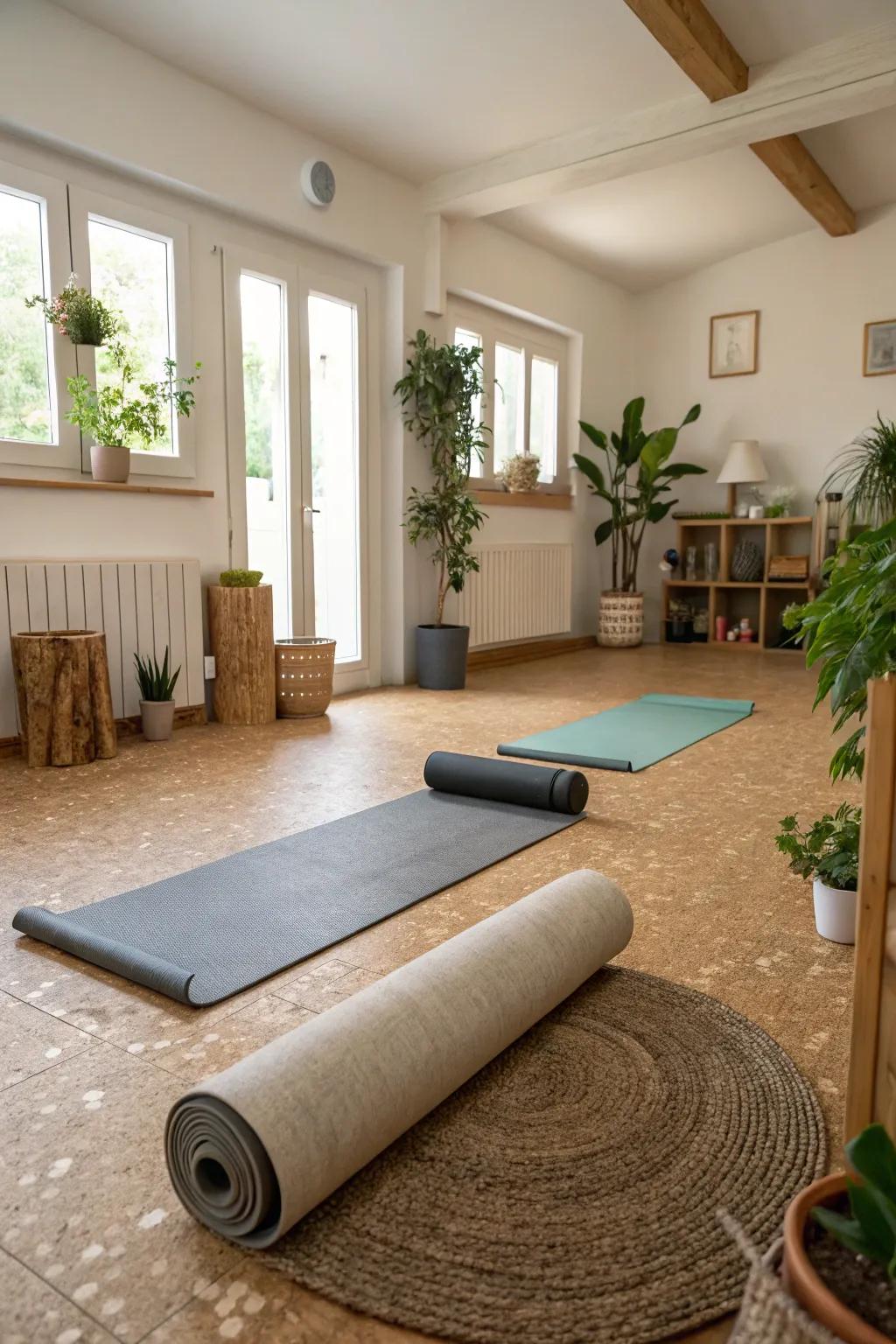Corky flooring offers an eco-mindful and comfortable fitness surface.