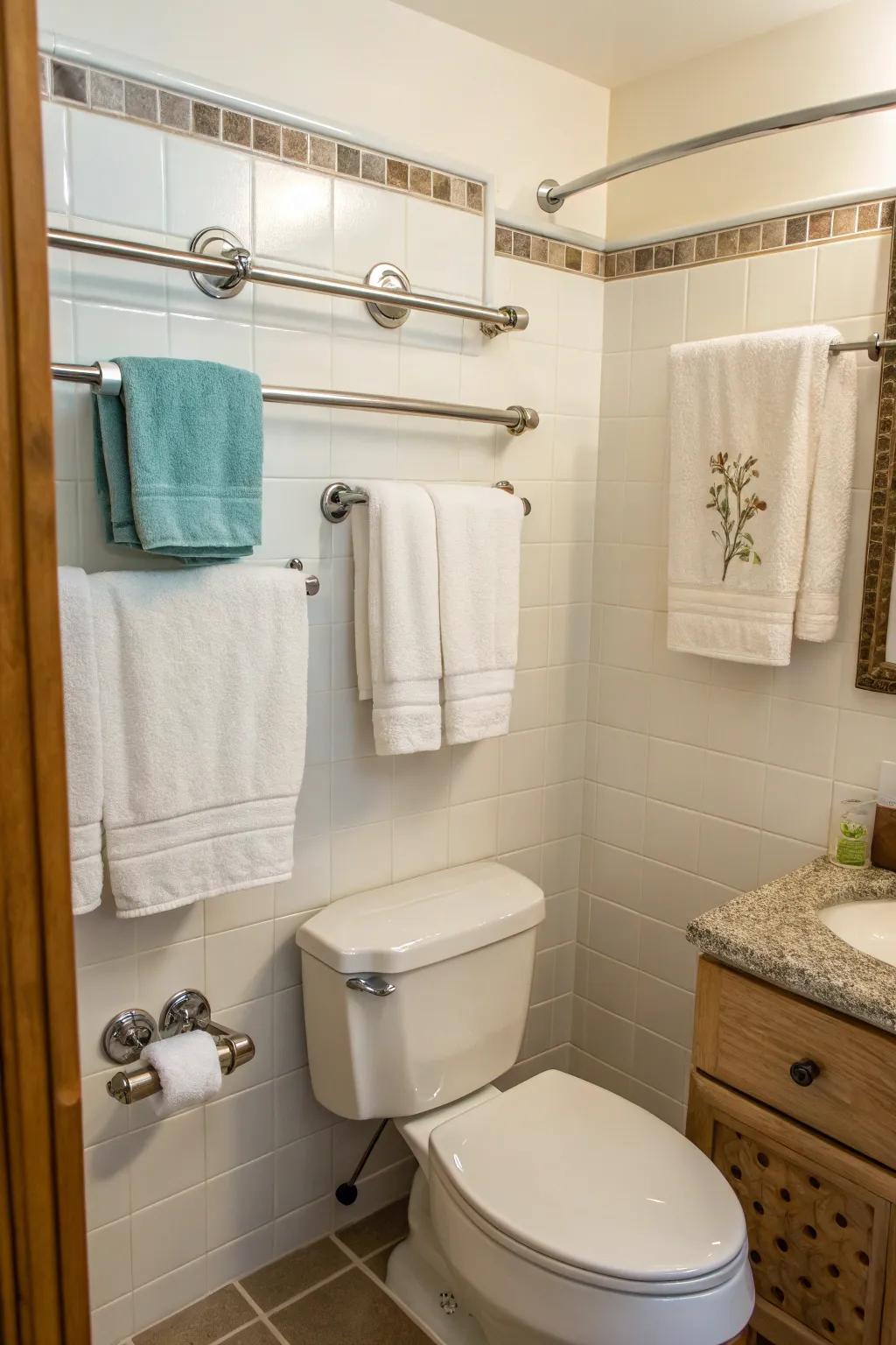 Towel racks and hooks maximize vertical space for convenience.