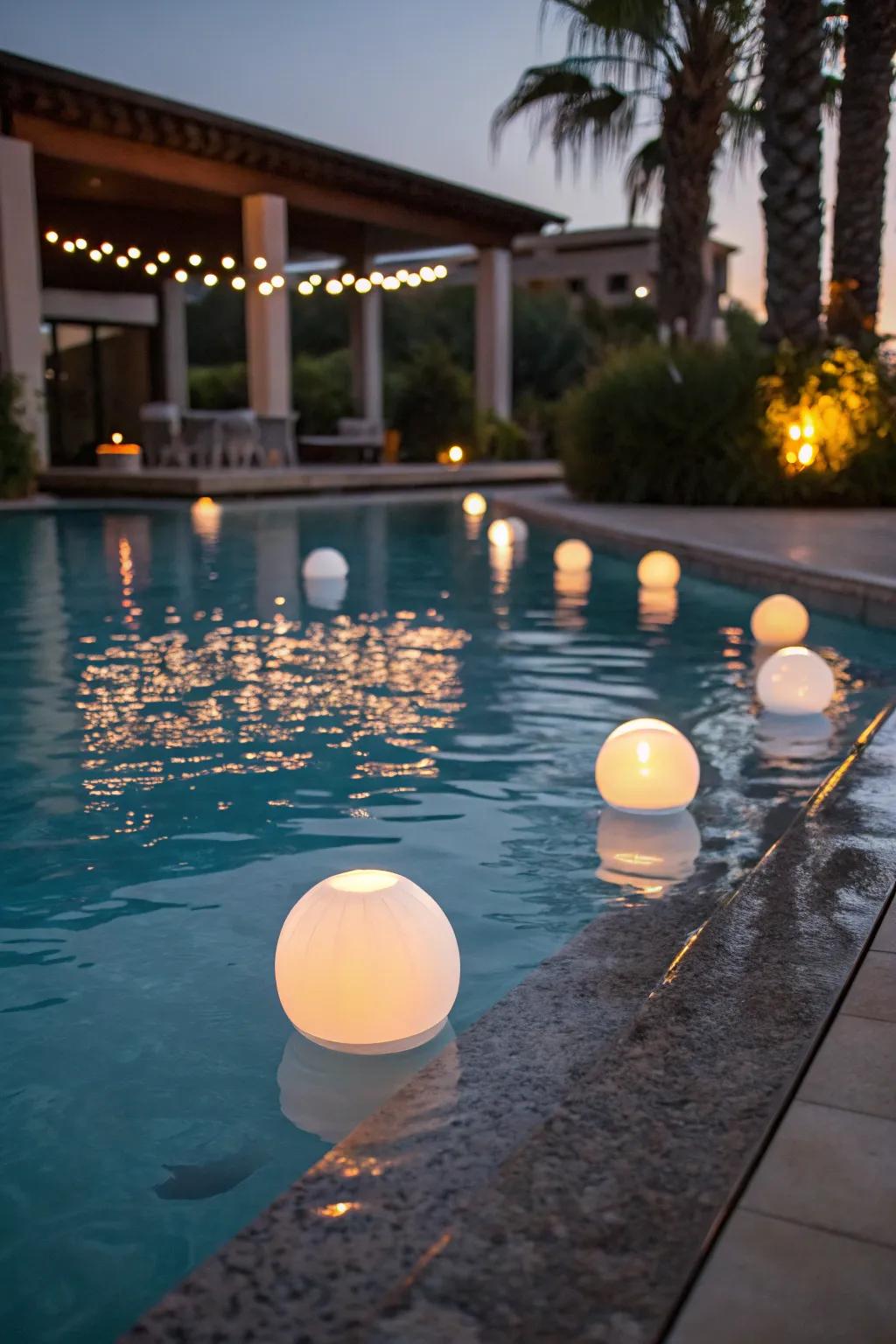 Floating lights infuse tranquility into pool celebrations.