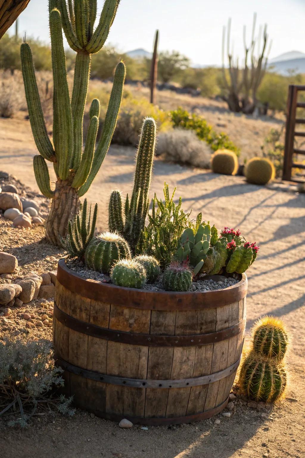 An eye-catching display of cacti set inside a whiskey barrel.