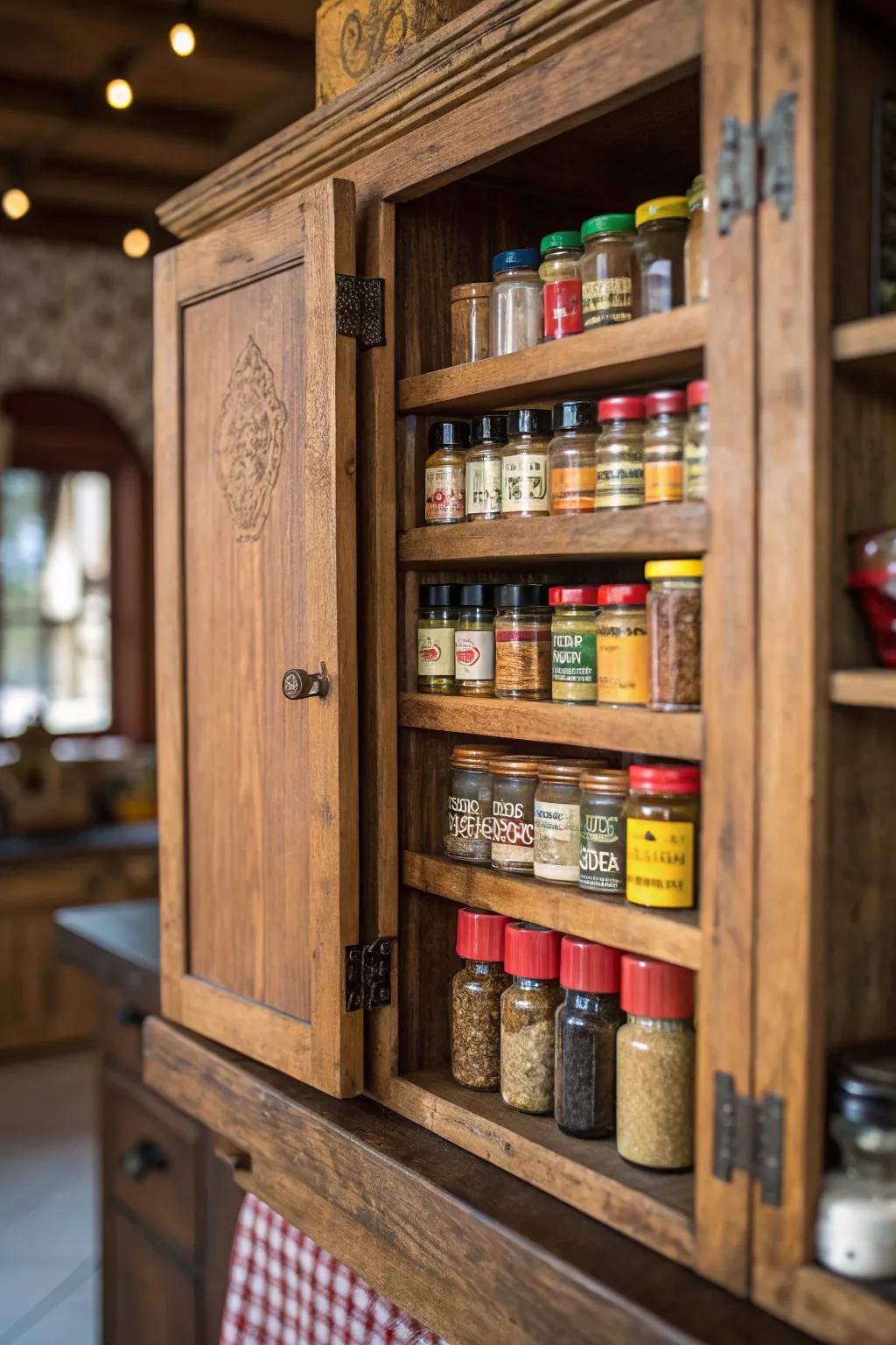 Incorporate charm using a country style wood spice storage.