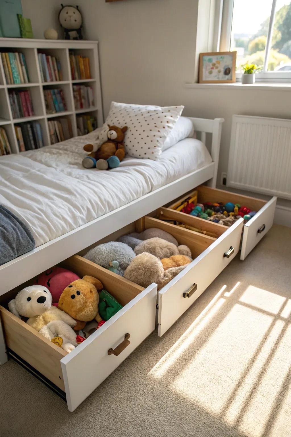 Toys are kept out of sight but still accessible thanks to under-the-bed storage.