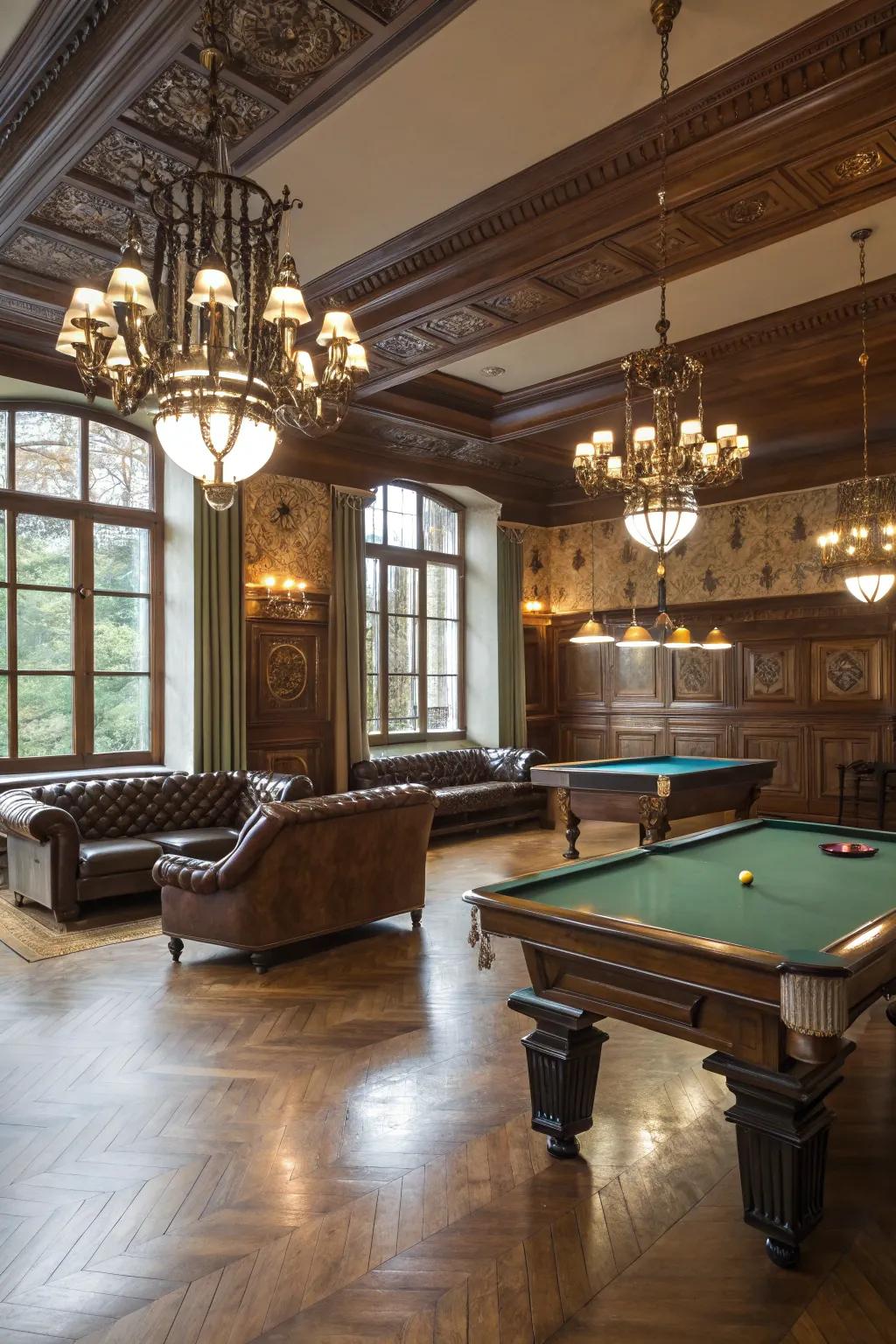 Elegant hardwood flooring complementing the style of a billiard room.