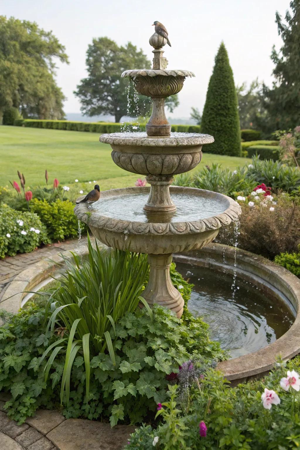A multi-tiered bird bath inviting a variety of feathered visitors.