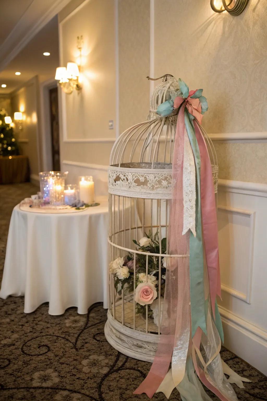 Laces and textiles inject elegance into a bird cage aesthetic.
